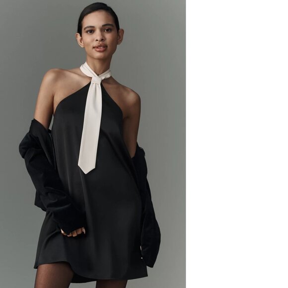 Anthropologie Flat White Tie Halter Mini Dress SIZE M  black color new nwt - Picture 1 of 8